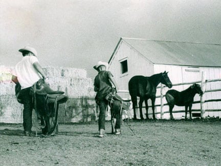 old black and white picture man son carrying saddles quarter horse pony barn hay sky Wayne Greaves Tony Pony Farm